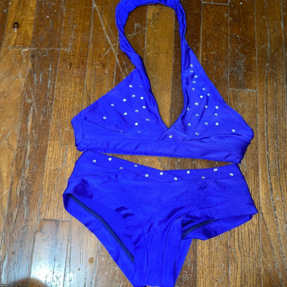 Vibrant Blue Halter Bikini Set for Pole Dance with Rhinestones